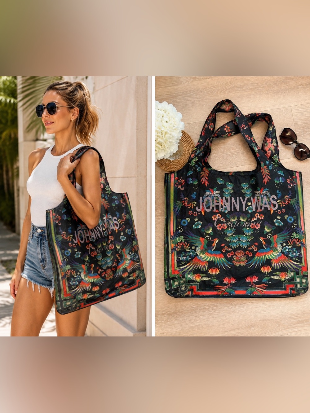 Johnny Was Black Floral & Parrot Print Bag